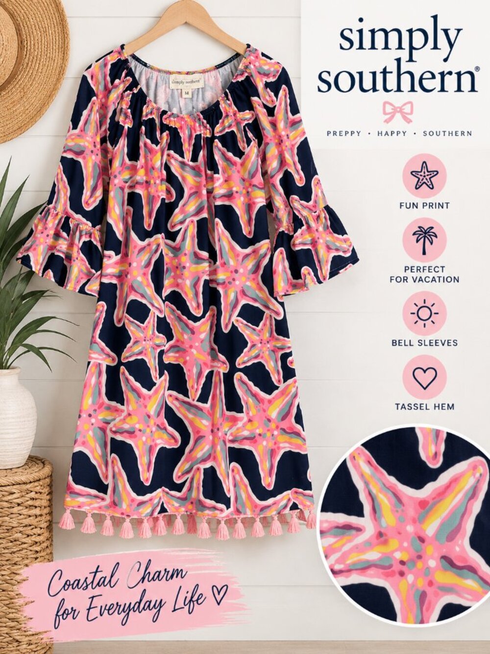 Simply Southern "Savannah" Navy Starfish Tassel Dress - Size Medium